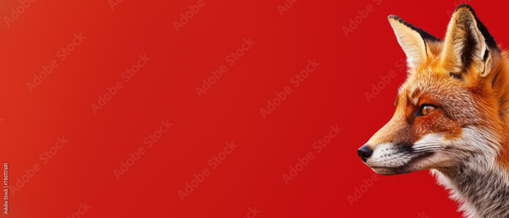 Fototapeta premium A vivid and intense close-up of a fox's head showcases its stunning fur pattern and piercing gaze against a stark red background