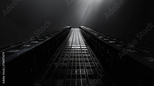 Tall black and white building against the sky