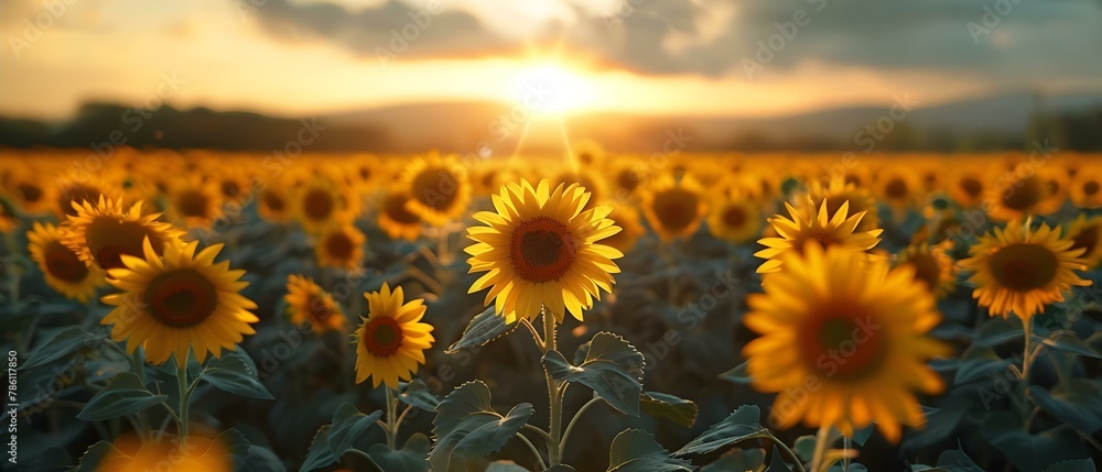 Obraz premium Golden Hour in a Harmonious Sunflower Symphony. Concept Golden Hour Photography, Sunflower Fields, Nature Portraits, Warm Tones, Outdoor Photoshoot