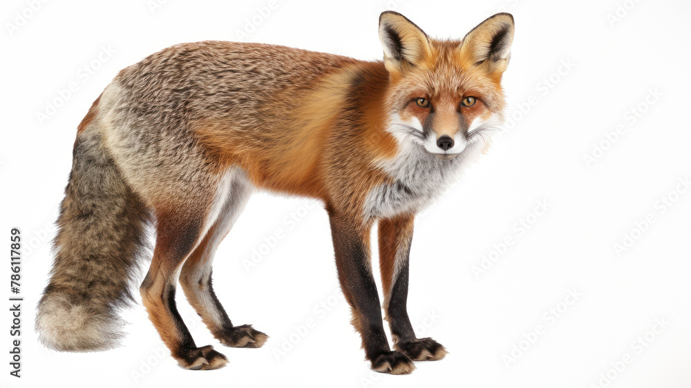 An engaging portrait of a fox with an attentive stare and perfect poise, its rich coat and fine details standing out on a plain backdrop