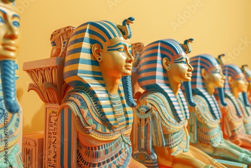 A row of statues of Egyptian pharaohs are lined up on a background