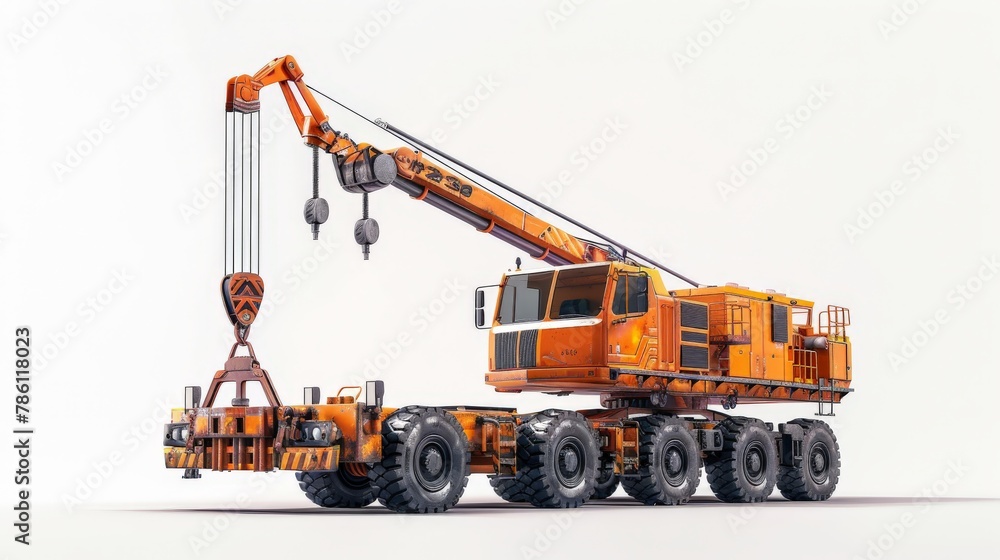A large orange crane is on a white background A large orange crane is on a white background