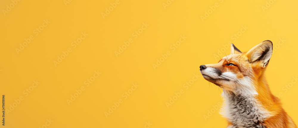 Fototapeta premium A captivating image of an alert fox with its gaze directed upwards on a uniform yellow backdrop