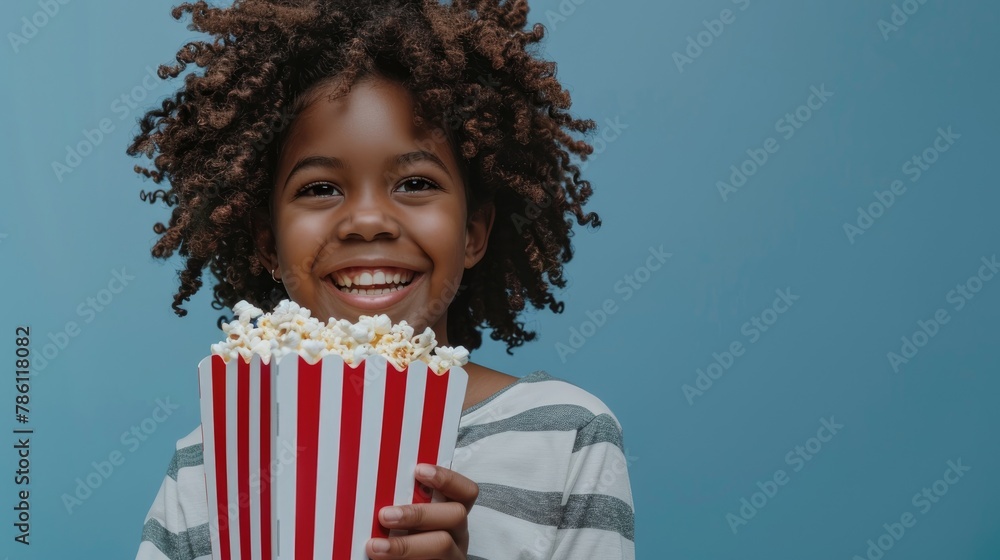 A popcorn bucket being held by a young African American female A popcorn bucket being held by a young African American female