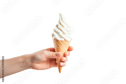 Woman's hand holding an ice cream cone wafer isolated on a cutout PNG transparent background