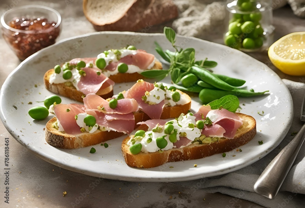 some slices of bread that are on a plate with green beans and sour cream