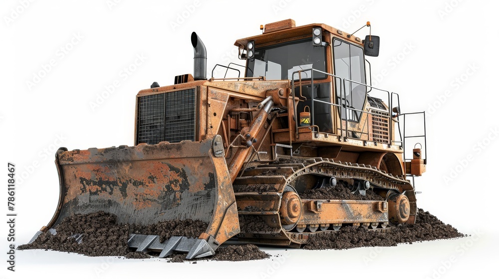 A large orange construction vehicle with a dirty appearance A large orange construction vehicle with a dirty appearance