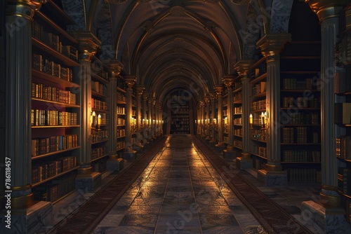 A long, narrow room with many bookshelves and a few lamps