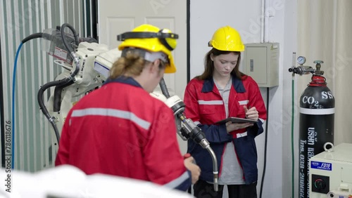 Group of multiethnic engineer researching and developing a robotics arm in scientific technology laboratory. Technician examining Industrial robot machine. Automated and manufacturing factory concepts