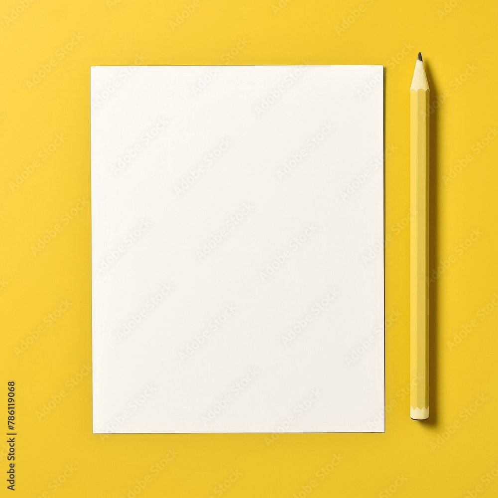 White Clean Sheet of Paper on Yellow Background with Pencil White Clean Sheet of Paper on Yellow Background with Pencil