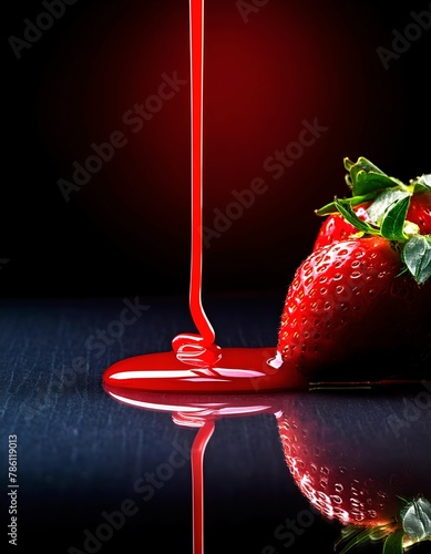 AI generated illustration ofa heap of fresh strawberries with dripping syrup on a red background