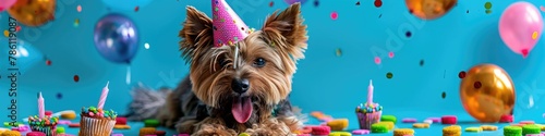 A joyful pet wearing a birthday hat and surrounded by treats and toys. © Shahjahan