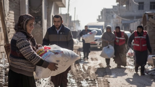 Humanitarian aid workers distributing supplies in war zones photo