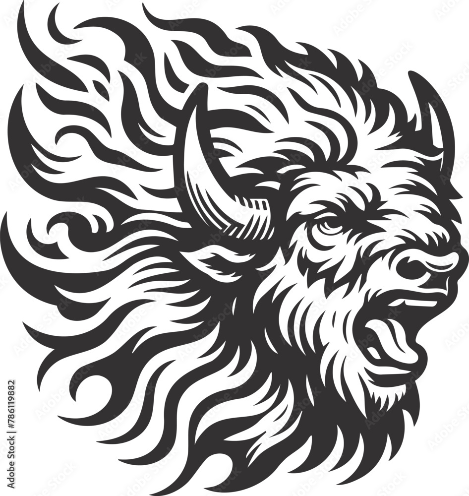 Obraz premium Bison buffalo head Mane like flame, line art Logo