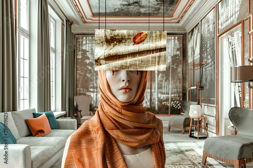 AI-generated illustration of a woman in an orange shawl posing in a modern living room photo
