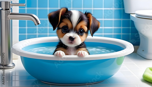 Cute puppy takes a bath in the bathroom basin.　かわいい子犬がバスルームの洗面器で入浴します。 © anmitsu