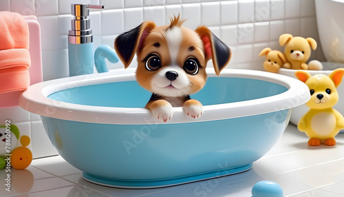 Cute puppy takes a bath in the bathroom basin.　かわいい子犬がバスルームの洗面器で入浴します。 © anmitsu