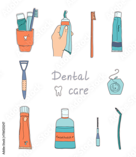 Dental care set. Sketch and doodle style illustrations. Individual items, toothbrushes, toothpaste, mouthwash and more