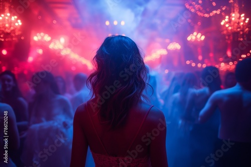 a young woman in a red dress standing alone at a disco