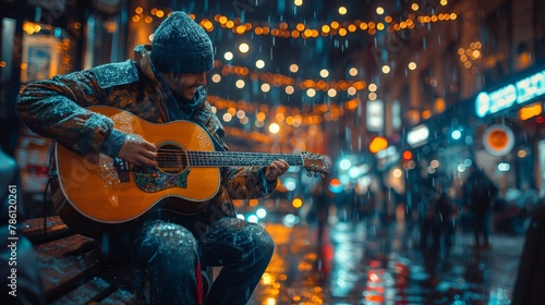 guitarist playing guitar on bench in rain at night with christmas lights photo