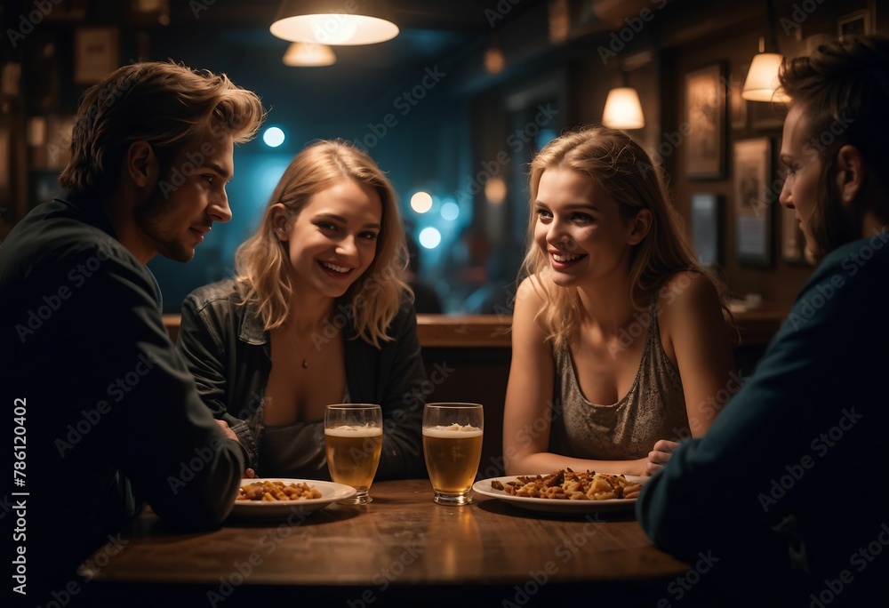 people having dinner at a bar together, smiling and looking at the camera