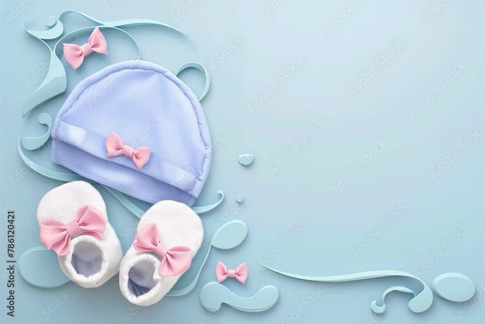 baby booties and cap on a blue background with copy space.