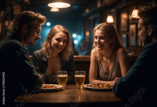 people having dinner at a bar together  smiling and looking at the camera