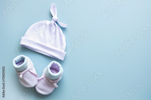 baby booties and cap on a blue background with copy space.
