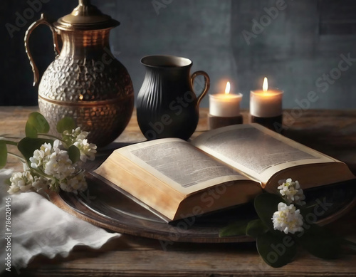 Vintage still life Open holy book bible, cupper wine pot, flowers and candles on wooden table in a dark room photo