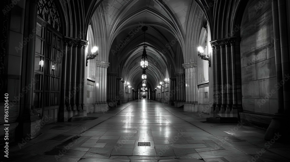 AI generated illustration of a gothic hallway at dusk photographic a gothic hallway