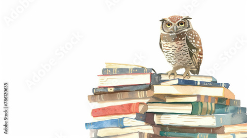 A majestic owl is perched on a stack of books. The owls sharp eyes gaze out, surrounded by the pages of various books