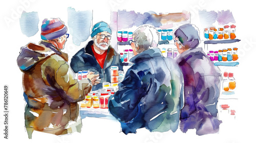 A group of elderly individuals engages in conversation at a colorful market stall, bundled up in warm attire
