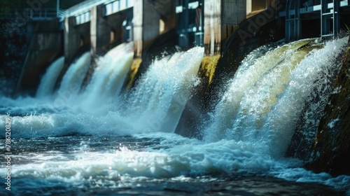 A hydroelectric dam releasing a steady flow of water, symbolizing the harmony between nature and sustainable energy. photo