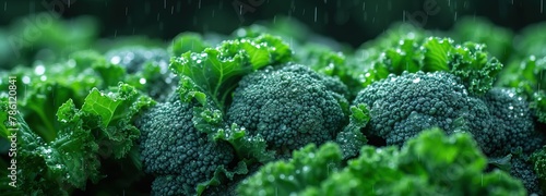 Fresh broccoli glistening with raindrops in the garden