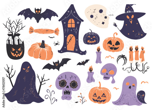 Halloween set with haunted house, raven, potion, bat, vampire mouth. Hand drawn illustration converted to vector