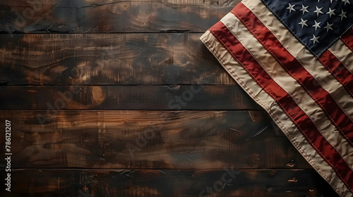 American flag on wooden table, patriotic symbolism, memorial day concept. photo