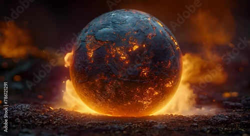 A photorealistic 3D globe showing regions ablaze due to the effects of global warming including detailed textures of fire and smoke to raise awareness about climate change photo