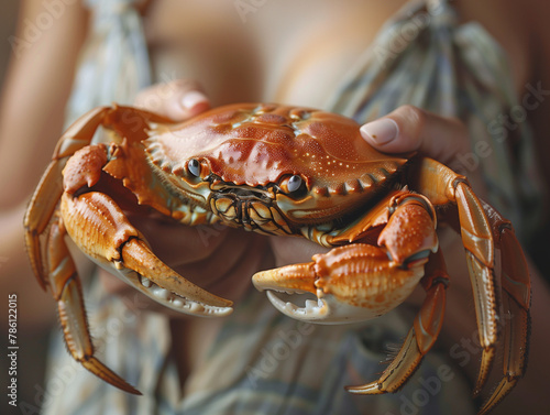 Femme tenant un crabe cancer au niveau de sa poitrine, symbole du cancer du sein