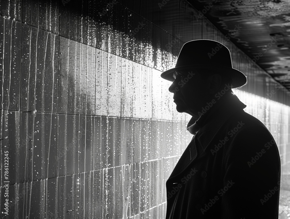 Silhouette d'un homme âgé avec un chapeau dans un environnement sombre et souterrain, détective privé et ambiance polar  - obrazy, fototapety, plakaty 