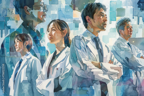 A group of healthcare professionals in lab coats exude confidence and unity with arms crossed