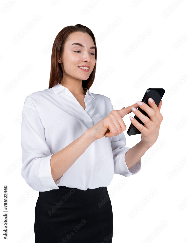 A businesswoman using a smartphone, photographed on an isolated white background, depicting communication A businesswoman using a smartphone, photographed on an isolated white background, depicting communication
