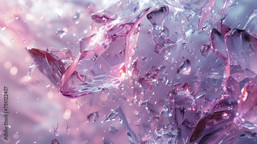 Morceaux de verre brisé ou de cristal, gros plan dans les tons roses et violet, effet de transparence et de reflet de lumière sur une surface minérale : quartz ou améthyste