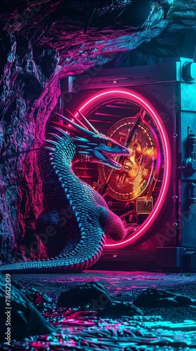 Dragon guarding a digital vault of cryptocurrency, neon treasure, cave interior, majestic and secure photo