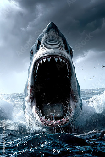 the large shark is in the ocean with his mouth open photo