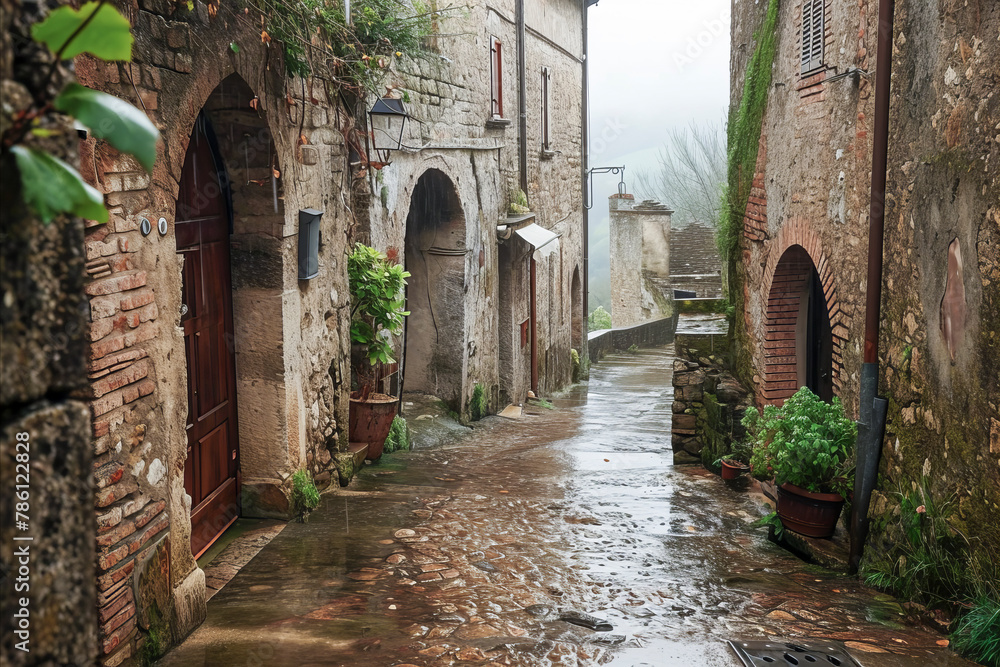 A misty, serene alley with wet stones, weathered buildings, greenery, and a mysterious yet peaceful atmosphere
