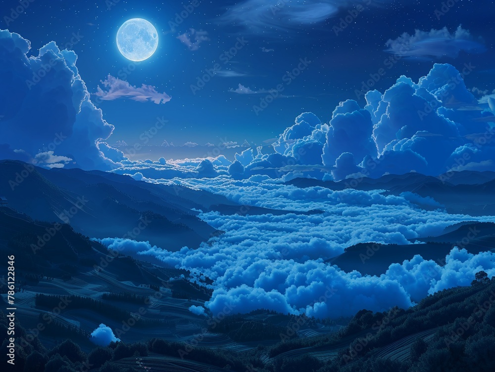 Noctilucent clouds filling a valley, moonlit night, panoramic view, dreamy, ethereal quality