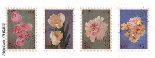 Obraz na plátně Set of Floral vintage Postage Stamp