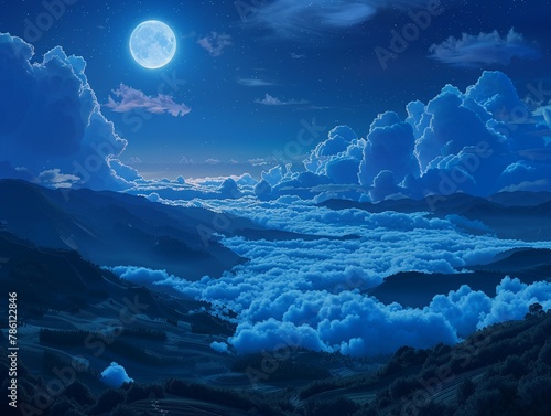 Noctilucent clouds filling a valley  moonlit night  panoramic view  dreamy  ethereal quality