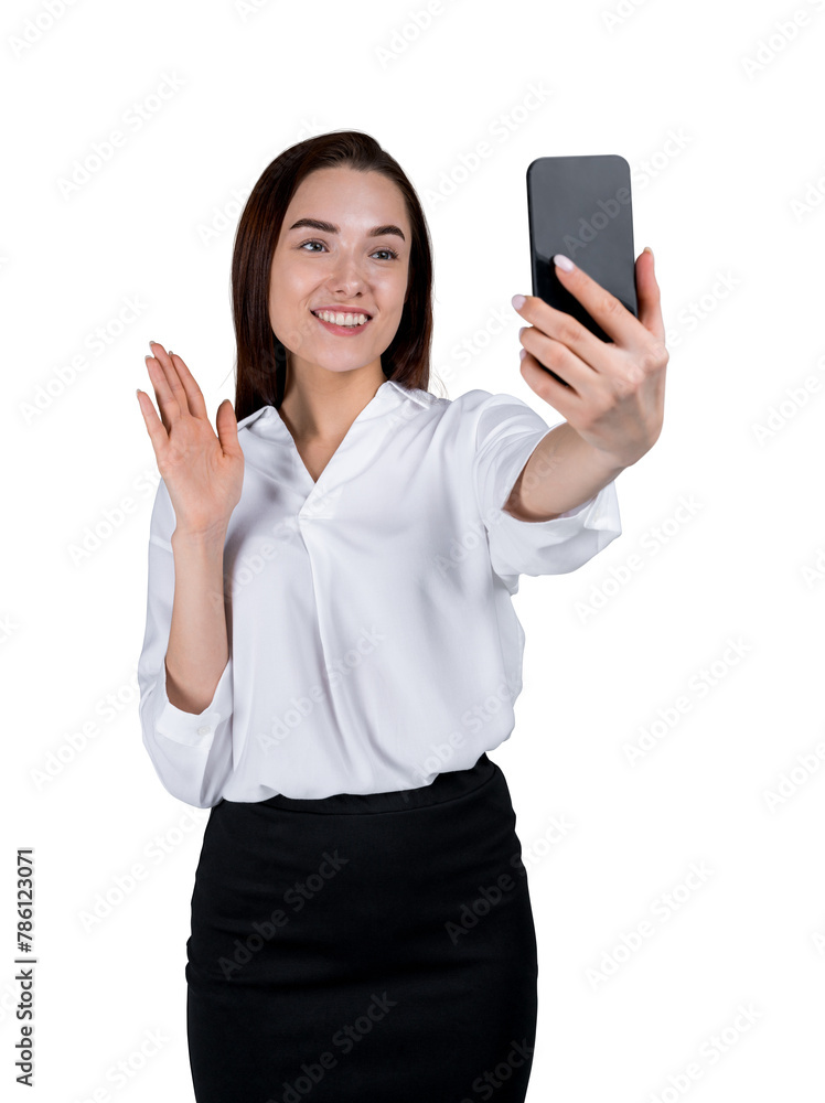 A smiling woman in business attire taking a selfie with a phone, isolated on a white background, concept of technology use in professional life A smiling woman in business attire taking a selfie with a phone, isolated on a white background, concept of technology use in professional life