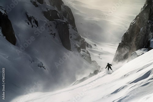 a skier descending a snowy mountain slope, with rocky outcrops and mist adding to the drama photo